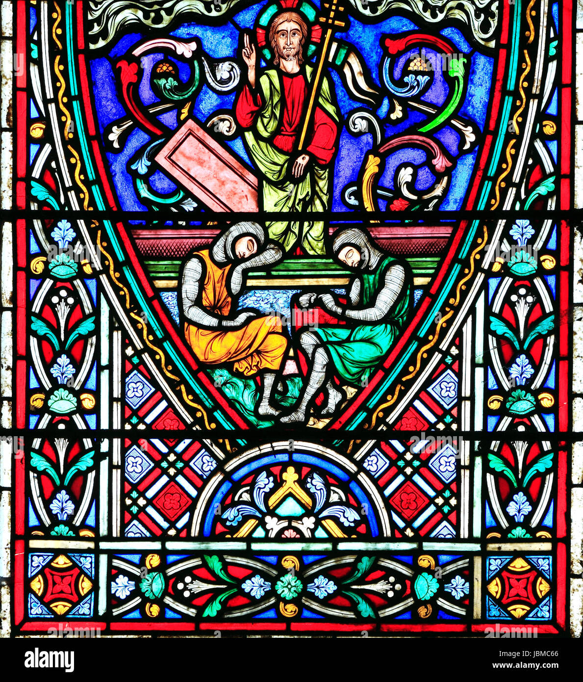 La résurrection du Christ, tandis que les gardes romains sommeil, vitrail par Didron de Paris, 1860, l'histoire de Pâques, Feltwell, Norfolk, England, UK Banque D'Images