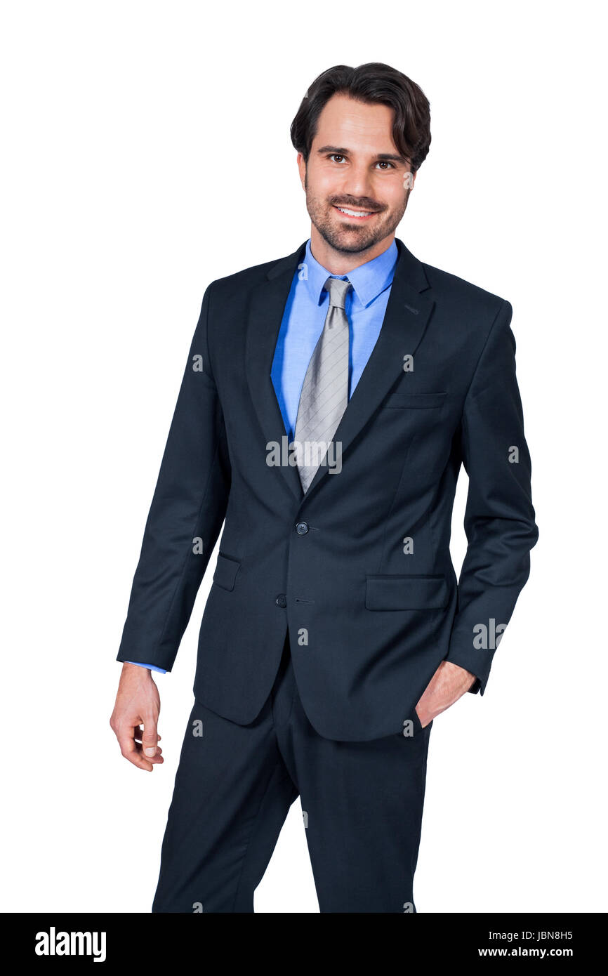 Selbstbewuster Geschäftsmann junger mit dunklen Anzug und Haaren Bart isoliert Hintergrund weißem vor Banque D'Images