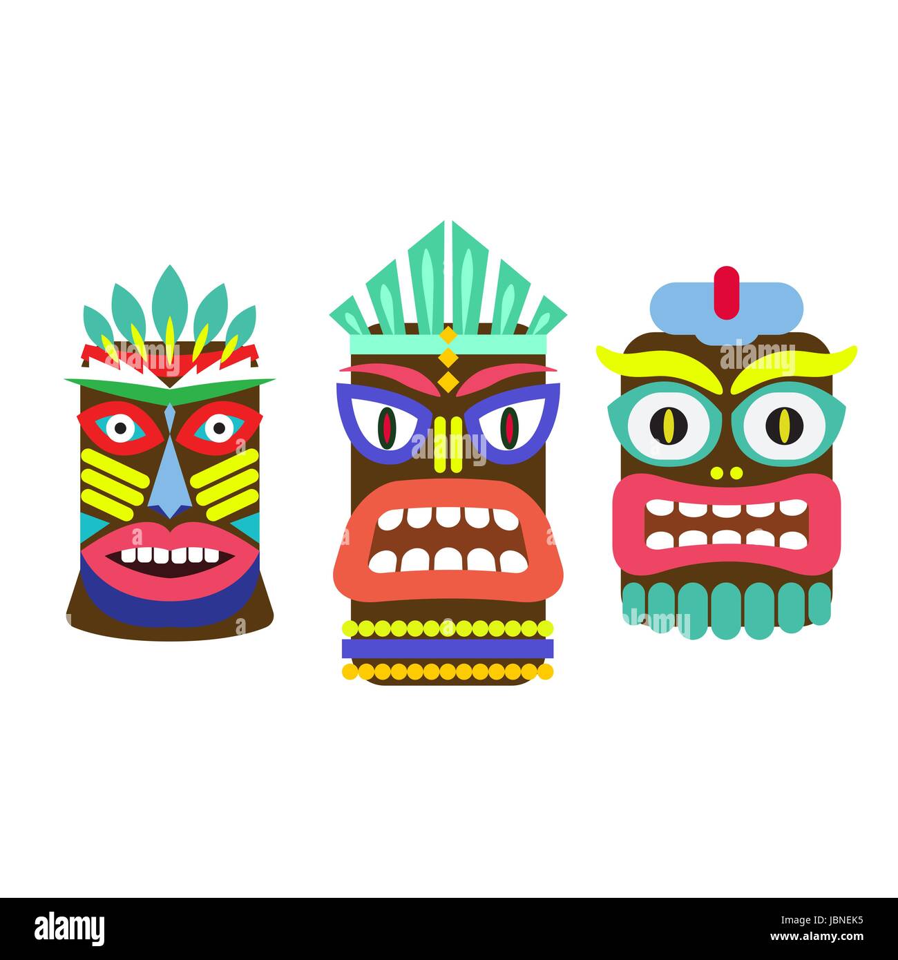 Masque Tiki cartoon vector set. Décorations bar hawaïen isolé sur blanc. Illustration de Vecteur