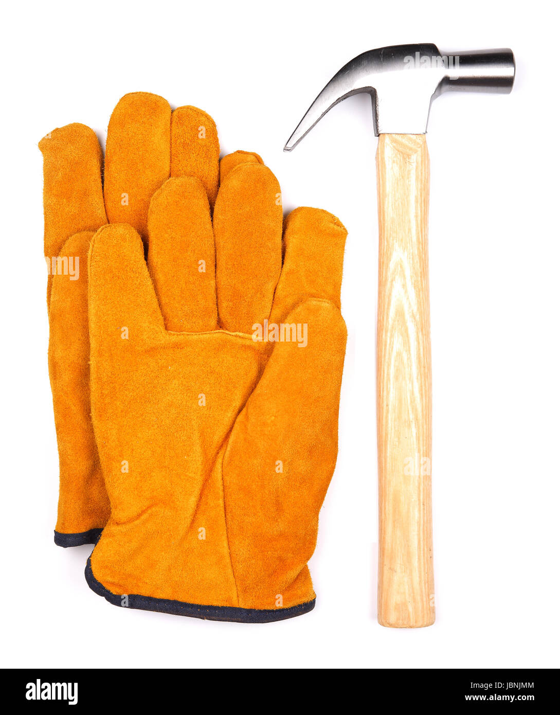 La massette avec daim orange gants de travail isolé sur fond blanc Banque D'Images