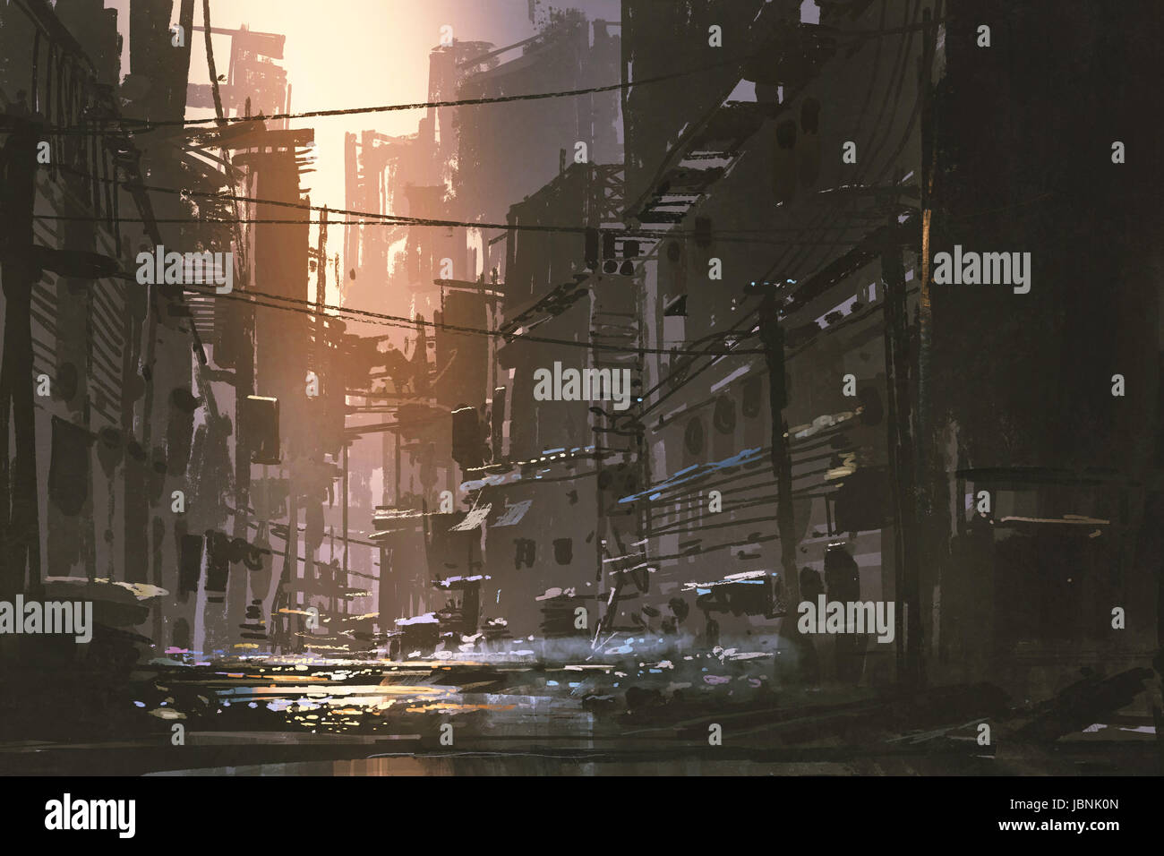 Paysage de rue dans la ville de sale abandonnés au coucher du soleil avec style art numérique, illustration peinture Banque D'Images