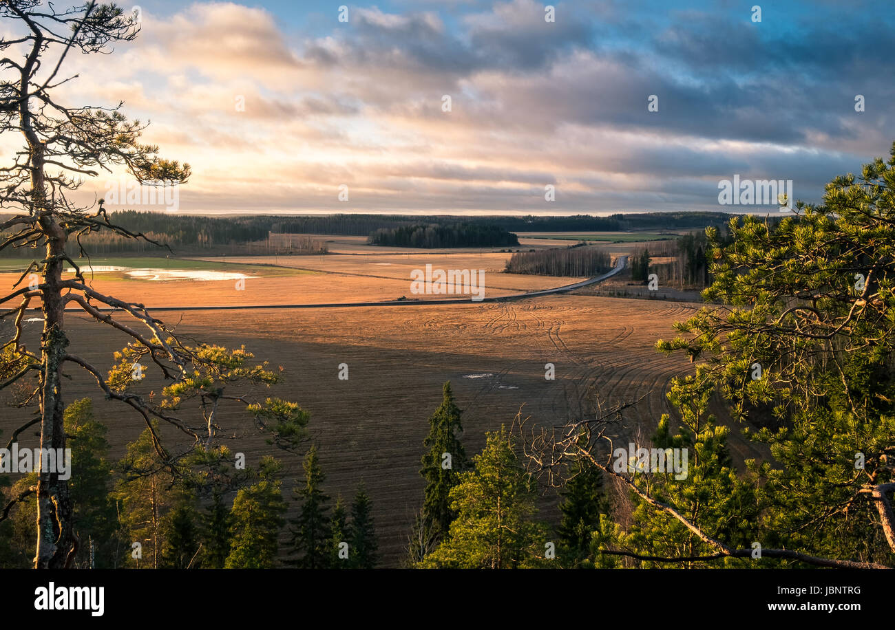Paysage panoramique avec lever du soleil en haut de la colline en Finlande Banque D'Images