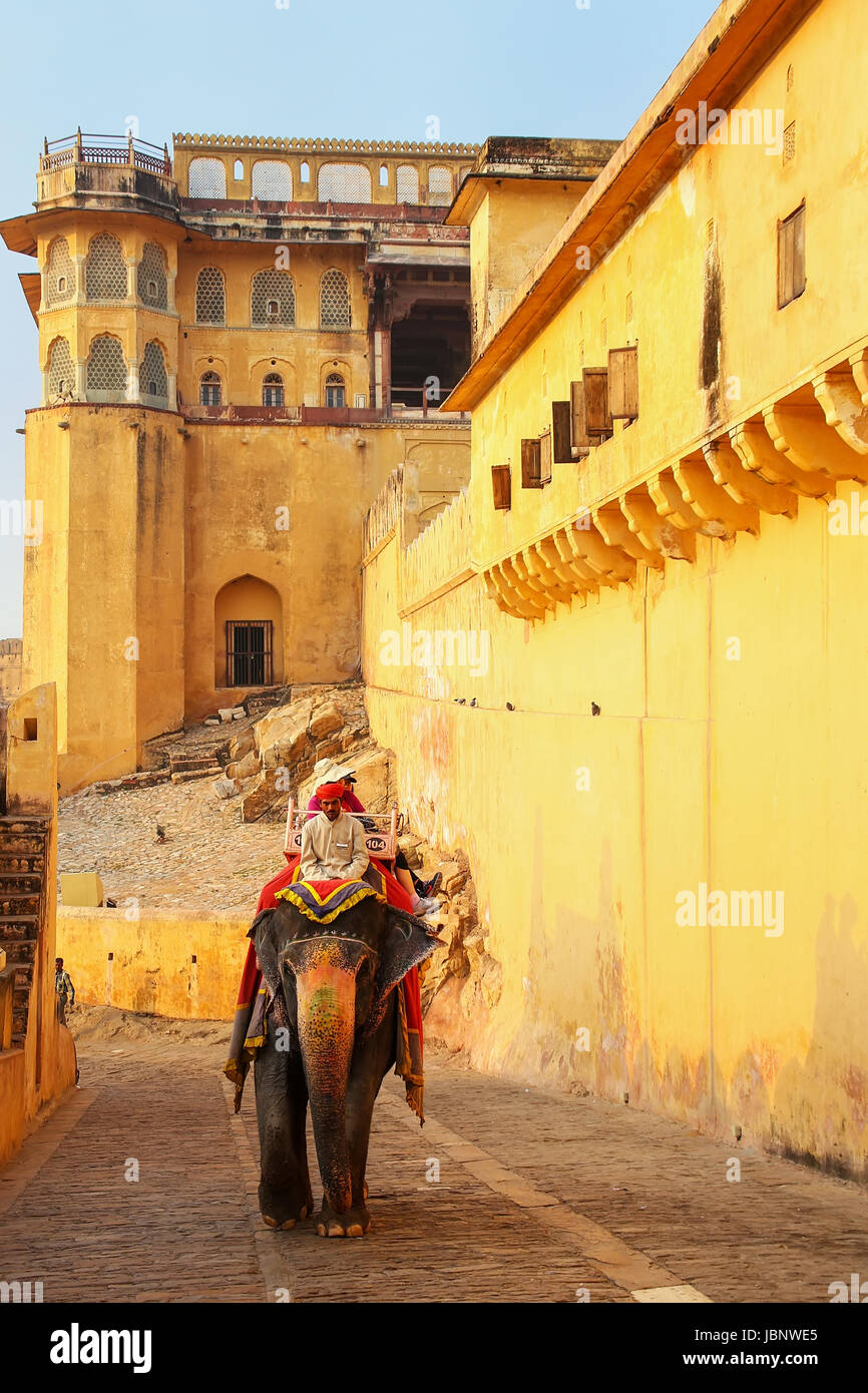 Décorées avec des touristes de l'éléphant passe le chemin pavé à Fort Amber près de Jaipur, Rajasthan, Inde. Des promenades en éléphant sont populaires'attirer Banque D'Images