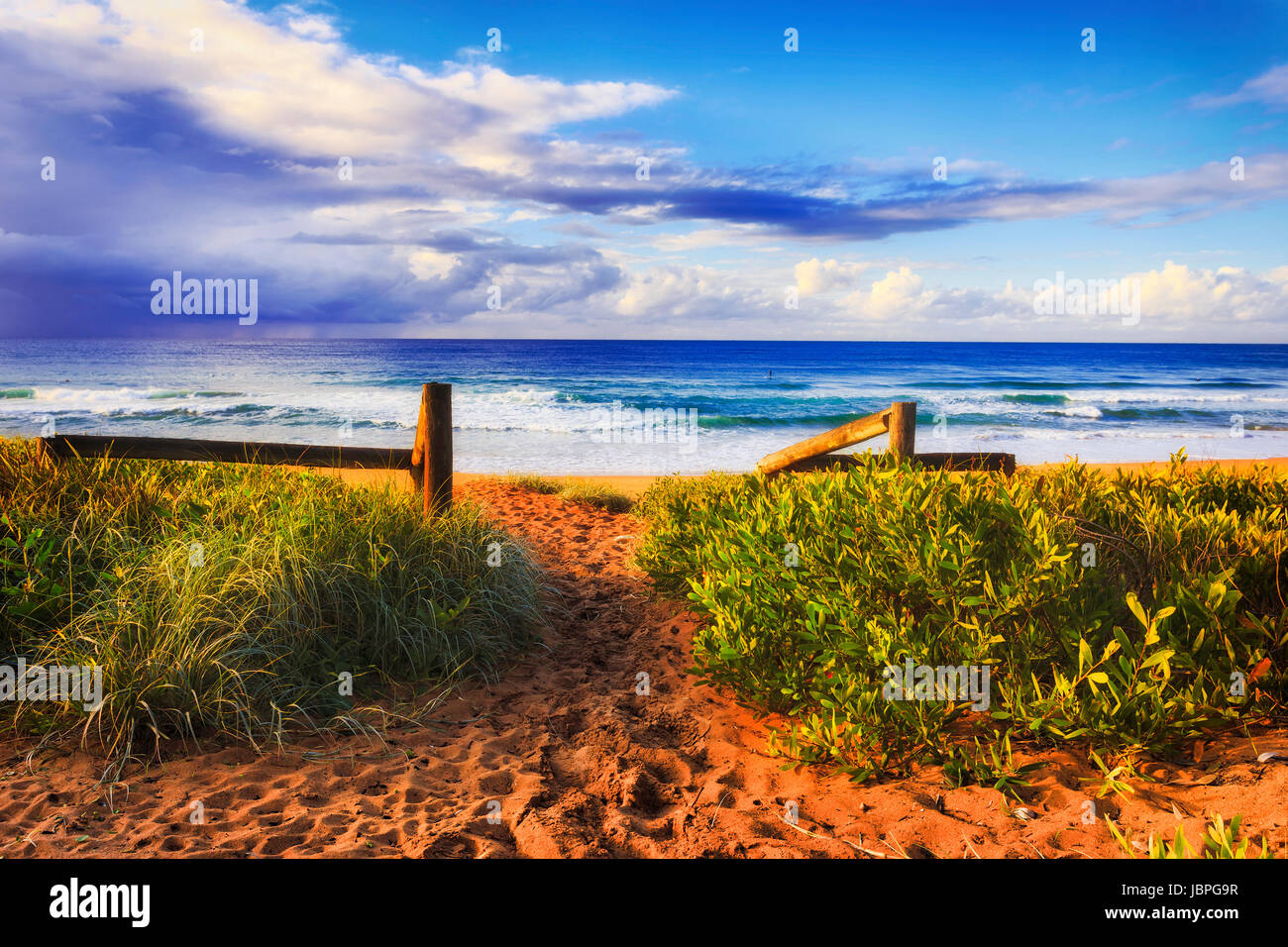 Exit les boiseries et l'entrée à la plage de sable de Bungan de Sydney sur la côte du Pacifique, lumineuse, ensoleillée matin avec active les surfeurs et les personnes fréquentant les plages côtières bénéficiant Banque D'Images