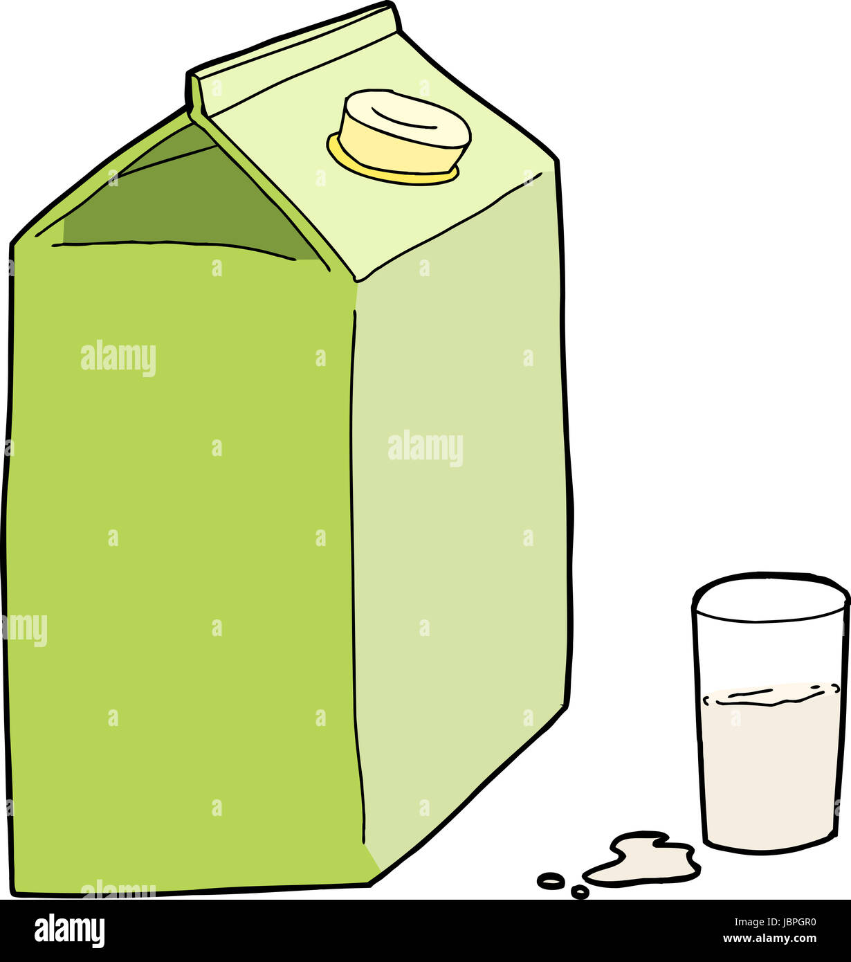 Carton de lait générique avec le verre et le déversement sur white Banque D'Images