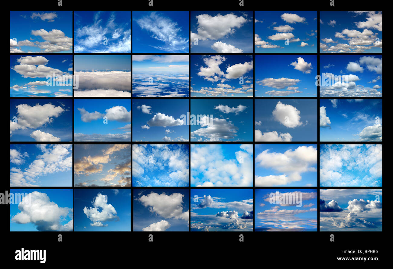 Collage de nombreuses images de ciel bleu avec des nuages Banque D'Images