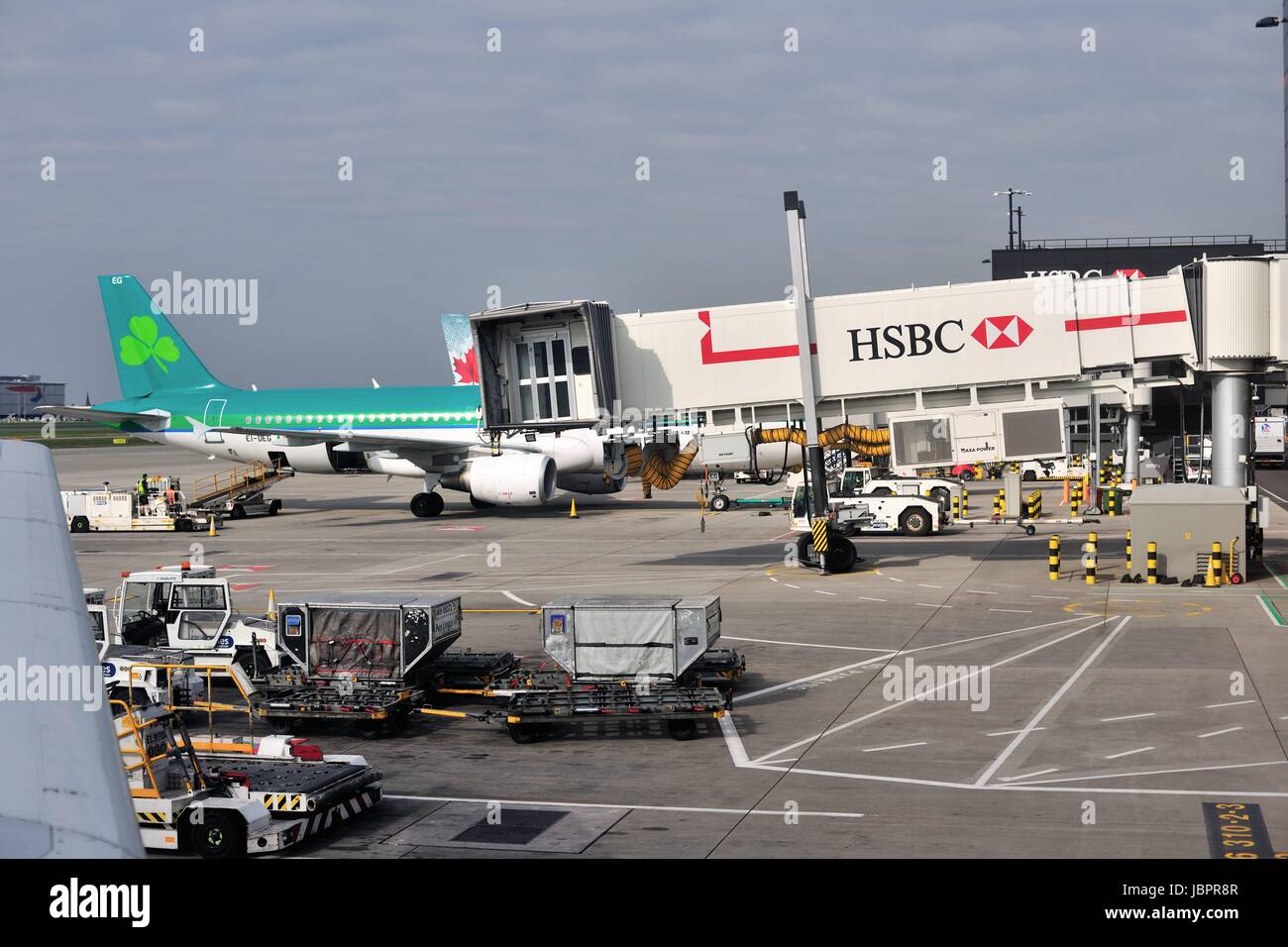 Aer Lingus avion à l'aérogare au milieu d'activité à l'Aéroport International d'Heathrow à Londres. Londres, Angleterre, Royaume-Uni. Banque D'Images