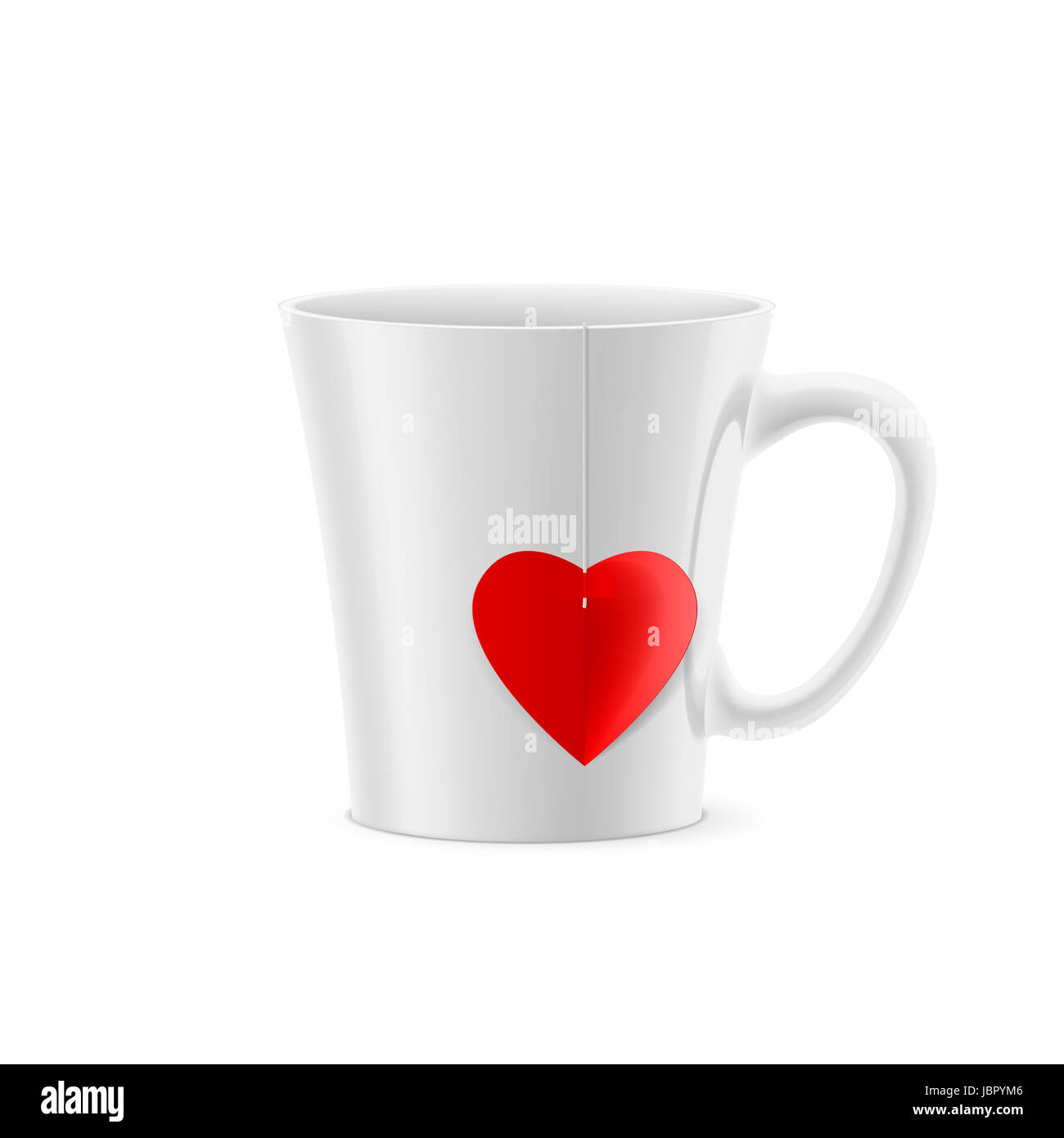 Tasse blanche avec fond conique avec un sachet de thé en forme de coeur Banque D'Images