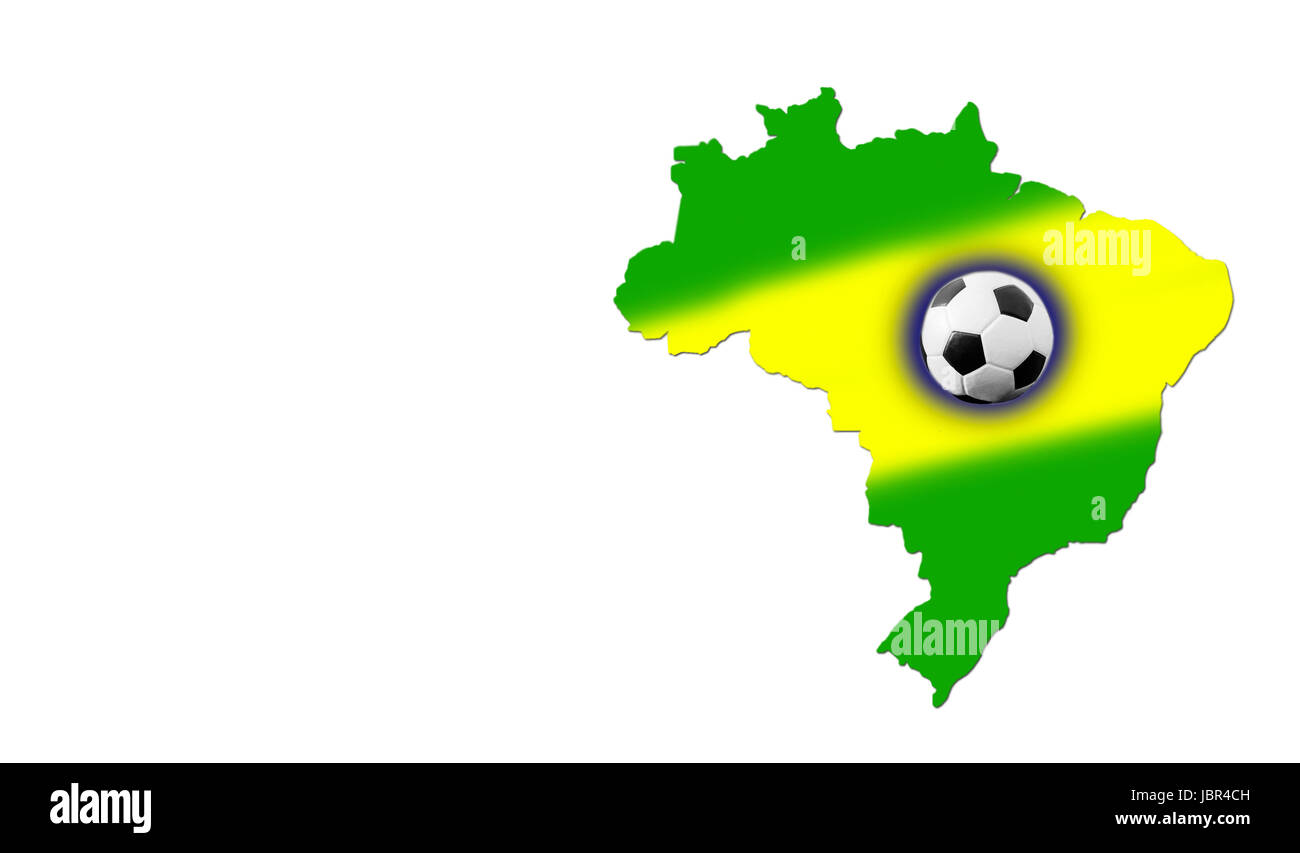 Ballon de soccer, le Brésil la carte et les couleurs de l'Brésil drapeau sur fond blanc Banque D'Images