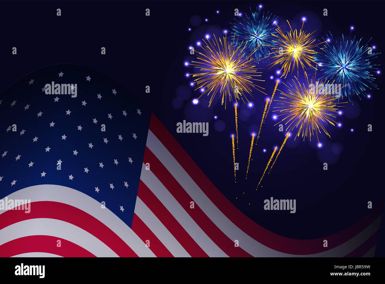 Drapeau des États-Unis et la célébration d'artifice bleu fond vecteur d'or. Le jour de l'indépendance, 4 juillet salut vacances carte de vœux. Illustration de Vecteur