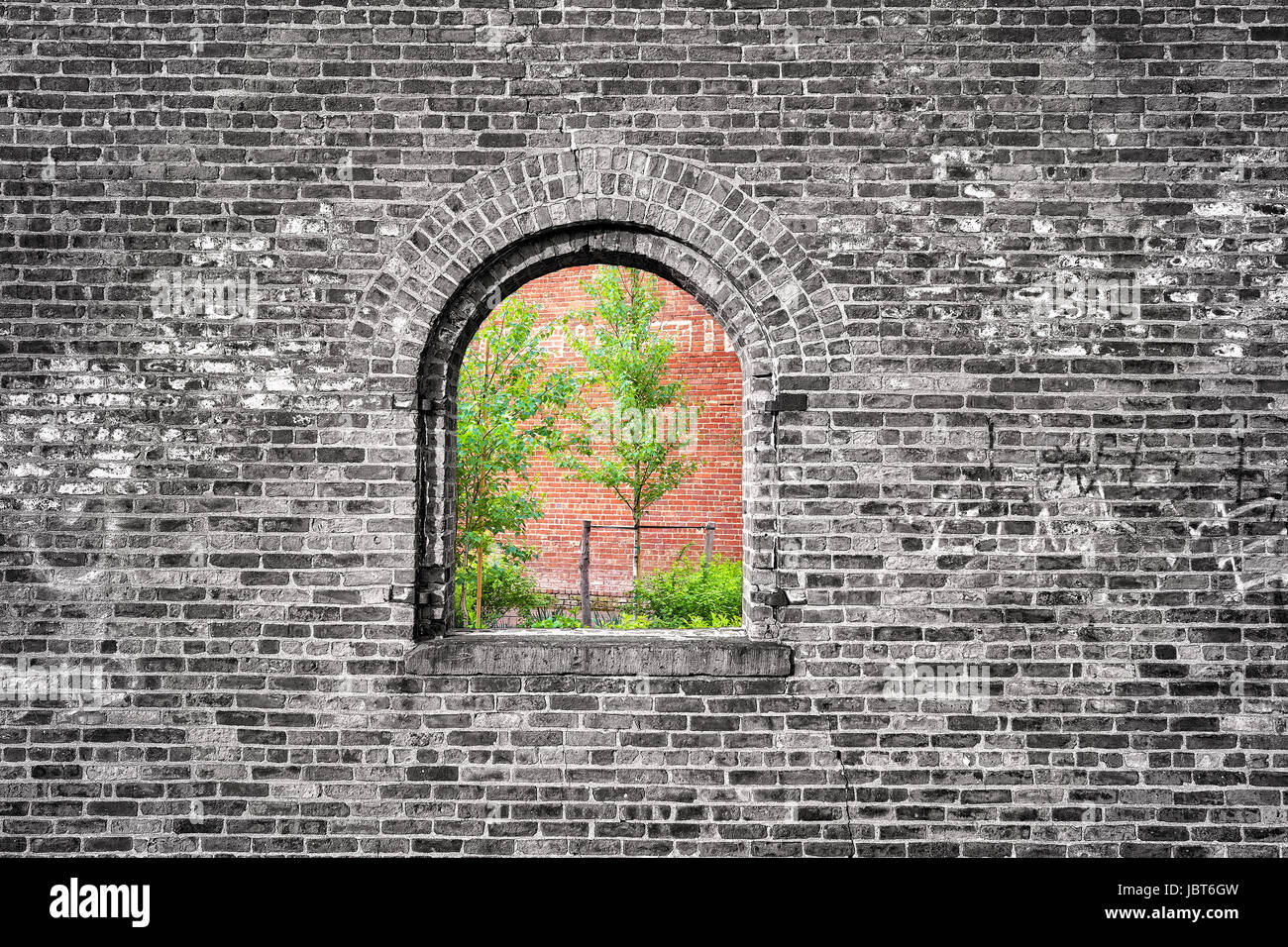 Fenêtre en noir et blanc mur de briques avec des arbres verts, emprisonné nature photo conceptuelle. Banque D'Images