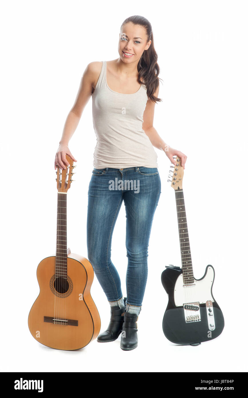 Fille avec une guitare électrique et guitare acoustique Photo Stock - Alamy