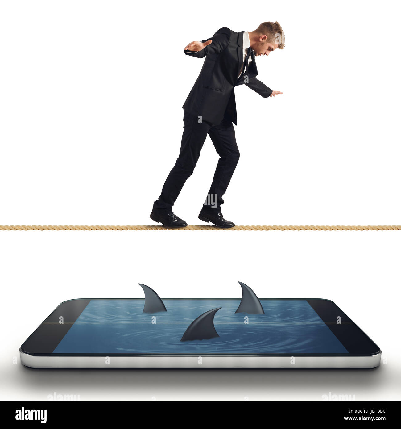 Businessman en difficulté avec son smartphone Banque D'Images