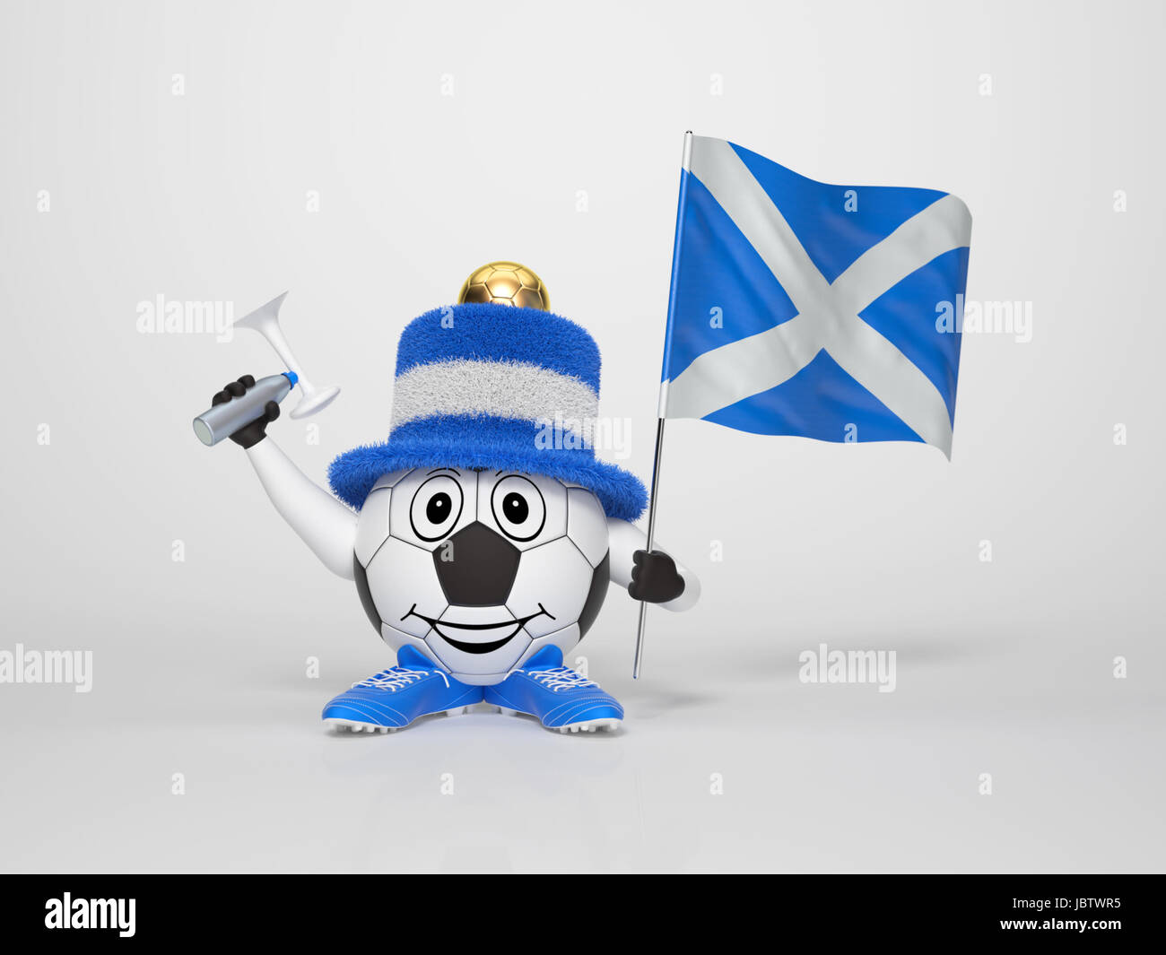 Un mignon et drôle personnage soccer tenant le drapeau national de l'Écosse et une corne vêtus aux couleurs de l'Ecosse sur fond lumineux soutenir son équipe Banque D'Images