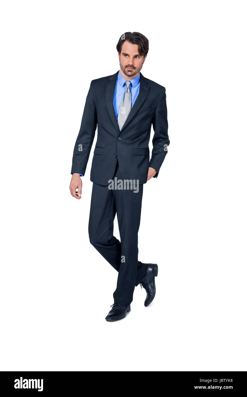 Selbstbewuster Geschäftsmann junger mit dunklen Anzug und Haaren Bart isoliert Hintergrund weißem vor Banque D'Images