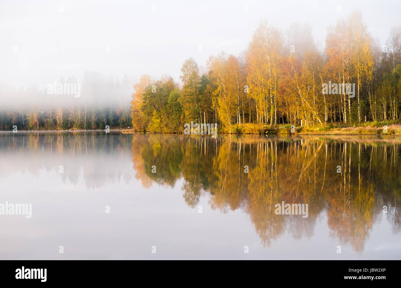 Paysage avec lac et couleurs d'automne à la lumière du matin Banque D'Images