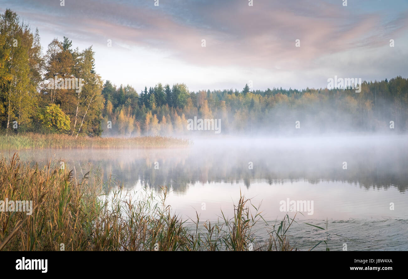 Paysage avec lac et couleurs d'automne à la lumière du matin Banque D'Images