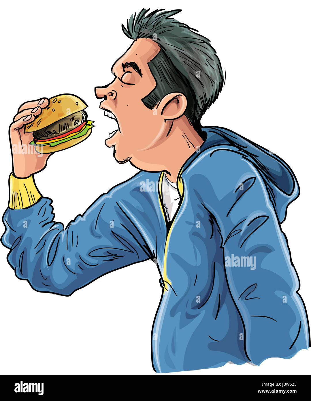 Cartoon teen eating a hamburger. Isolated on white Banque D'Images