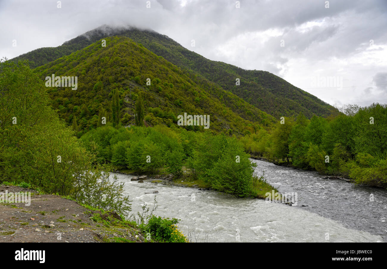 2 Les cours d'eau avec des sédiments de différentes couleurs fusionnent en une seule. la séparation de couleurs continue pendant quelque temps dans la rivière. Photographié en Géorgie Banque D'Images