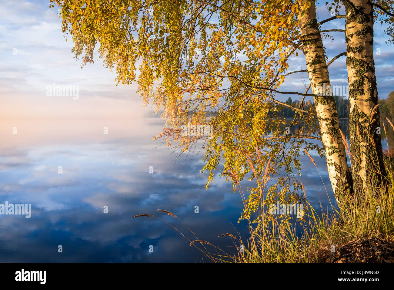 Paysage avec lac et couleurs d'automne à la lumière du matin Banque D'Images