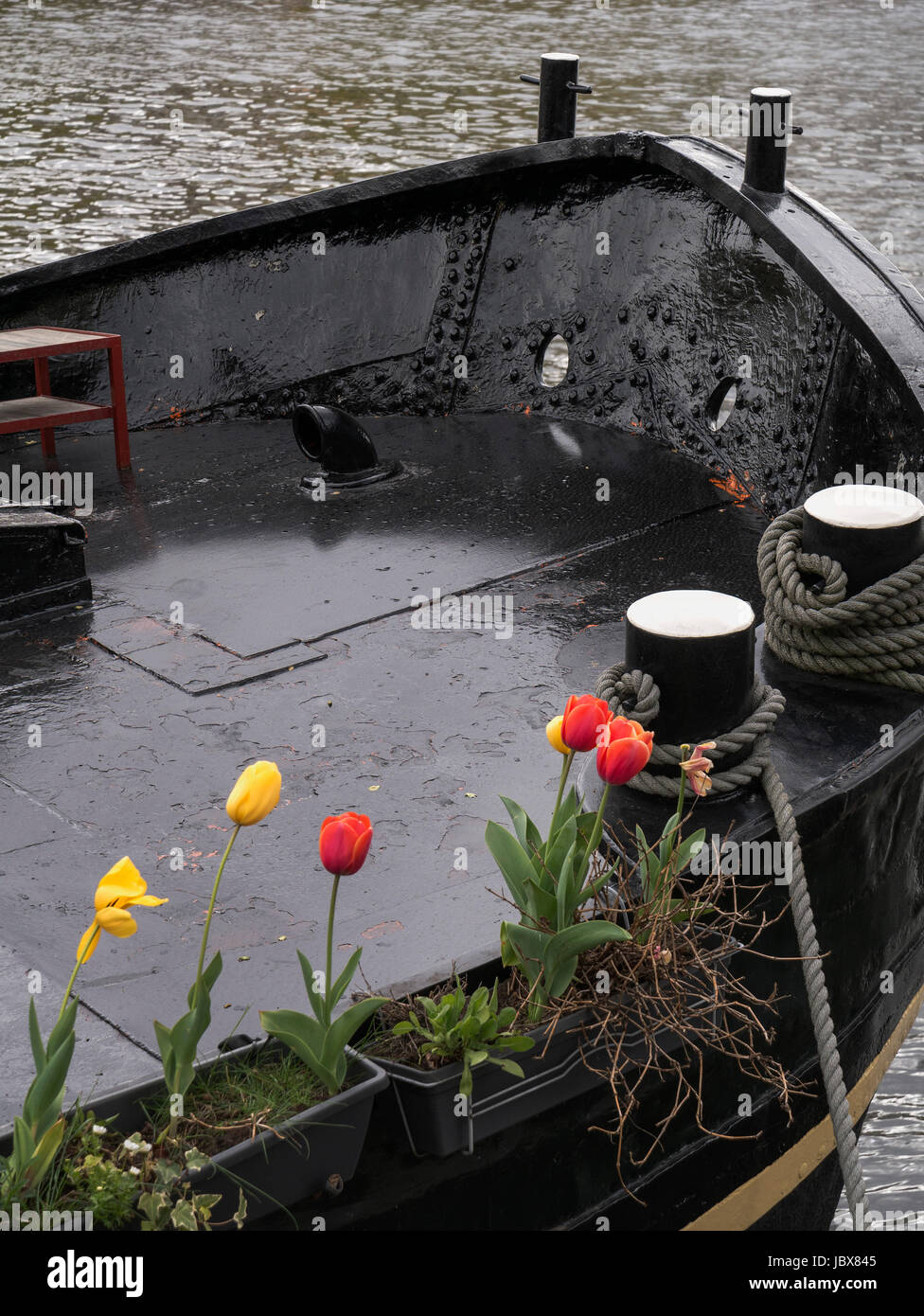 Navire sur l'Amstel près de Magere Brug, Amsterdam, Hollande du Nord, Pays-Bas Banque D'Images