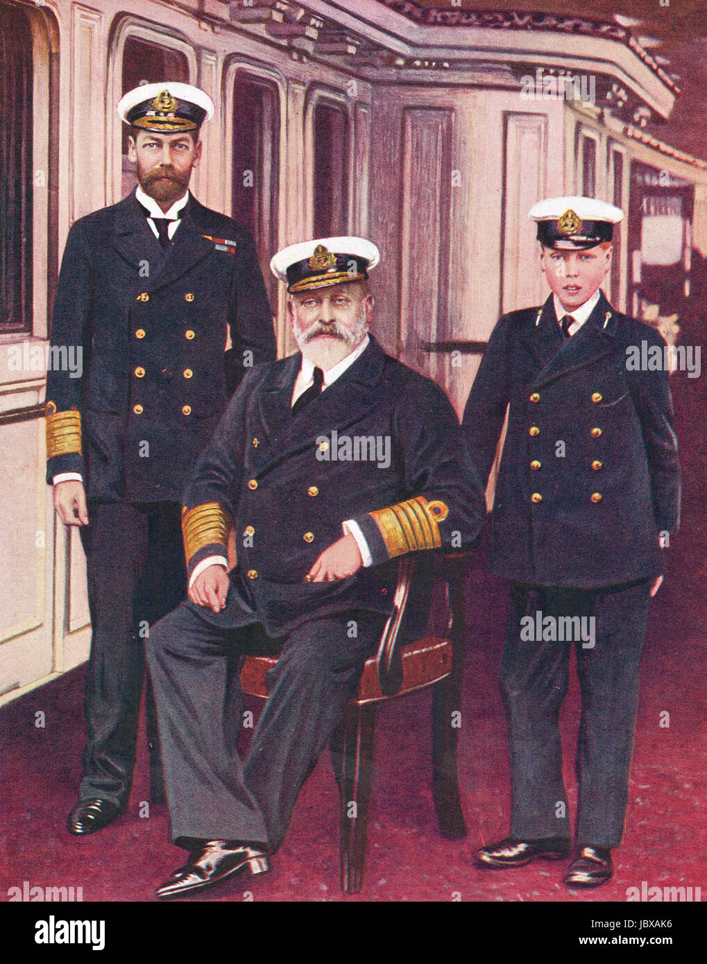La famille royale trois générations de marins. Le roi Édouard VII, Prince George, plus tard le roi George V, de l'île, plus tard le roi Édouard VIII qui abdiqua et devient duc de Windsor, le conseil d'HM à Victoria et Albert en 1908 Banque D'Images