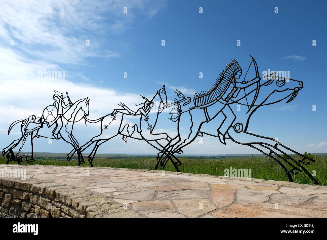 Traçage de Bronze sculptures de guerriers, Indian Memorial, Little Bighorn Battlefield National Monument, Crow Agency, Montana, USA. Banque D'Images