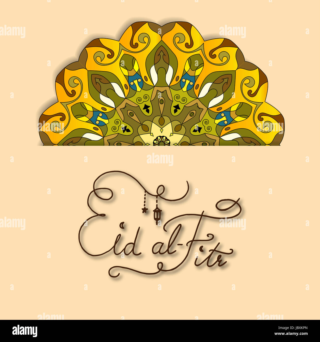 Illustration de l'Eid al-Fitr carte de souhaits avec ornement orné mandala et texte manuscrit. Arrière-plan modèle de musulmans Banque D'Images