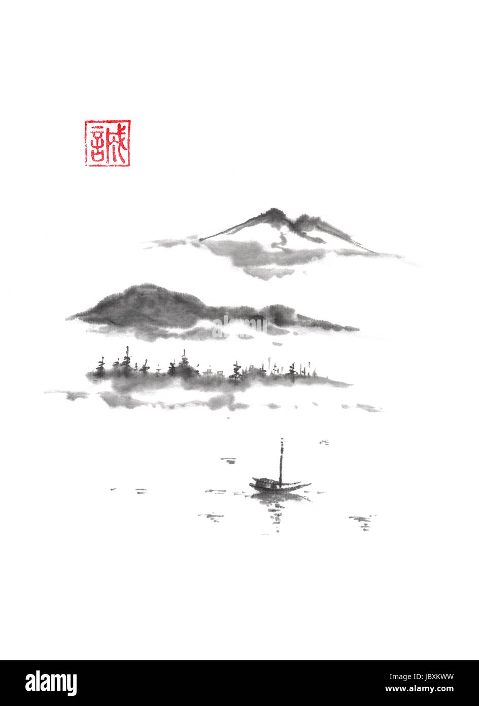 Style japonais sumi-e à l'encre du lac de la peinture. Les hiéroglyphe signifie sincérité. Grande pour les cartes de vœux ou de texture design. Banque D'Images