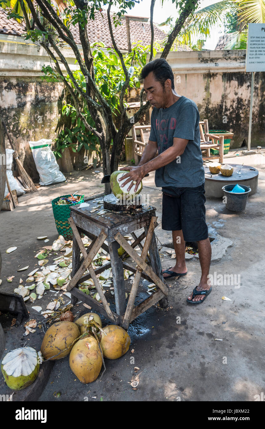 L'homme de l'ouverture d'une noix de coco, Khétt Siĕm Réab, Java Tengah, Indonésie Banque D'Images