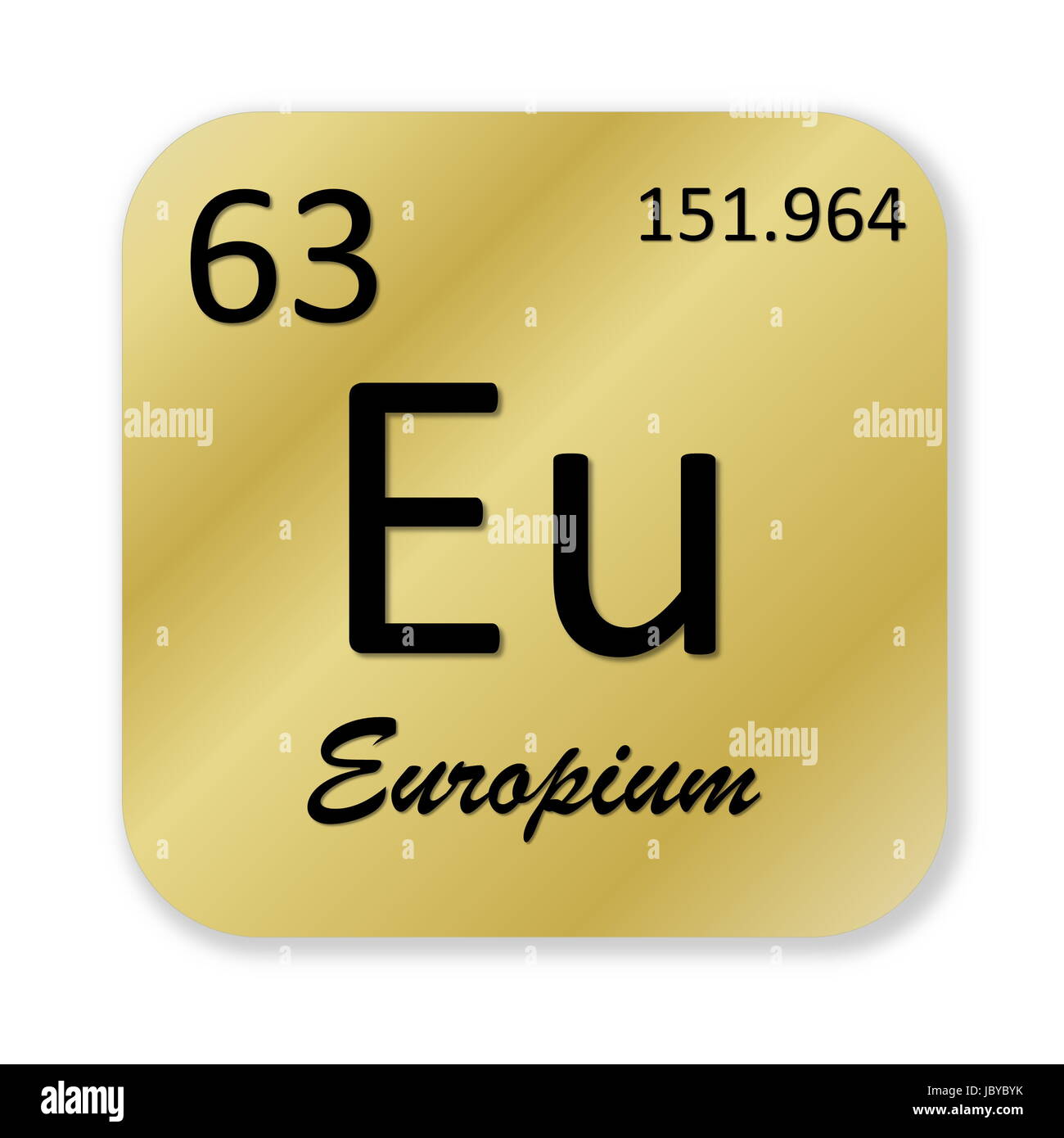 L'europium noir dans l'élément de forme carré doré isolé en fond blanc Banque D'Images
