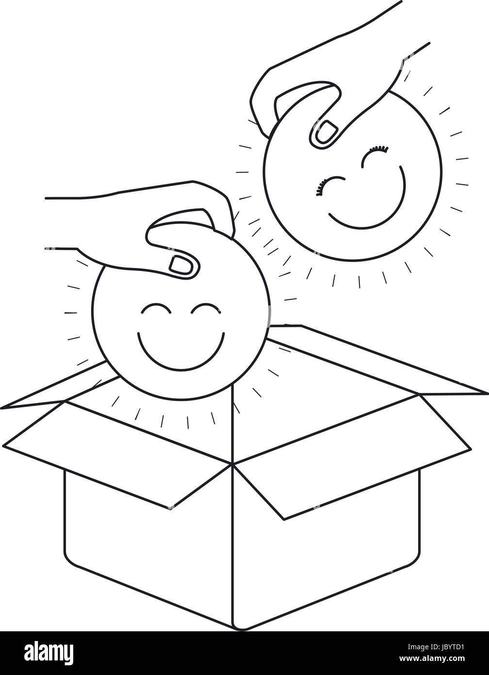 Silhouette Vue latérale des deux mains tenant un symbole des visages heureux de déposer dans la boîte de carton Illustration de Vecteur