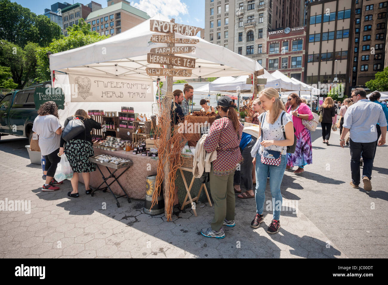 Les clients achètent des herbes et des produits faits avec des herbes à un stand de l'agriculteur dans l'Union Square Greenmarket à New York, le vendredi 9 juin 2017. (© Richard B. Levine) Banque D'Images