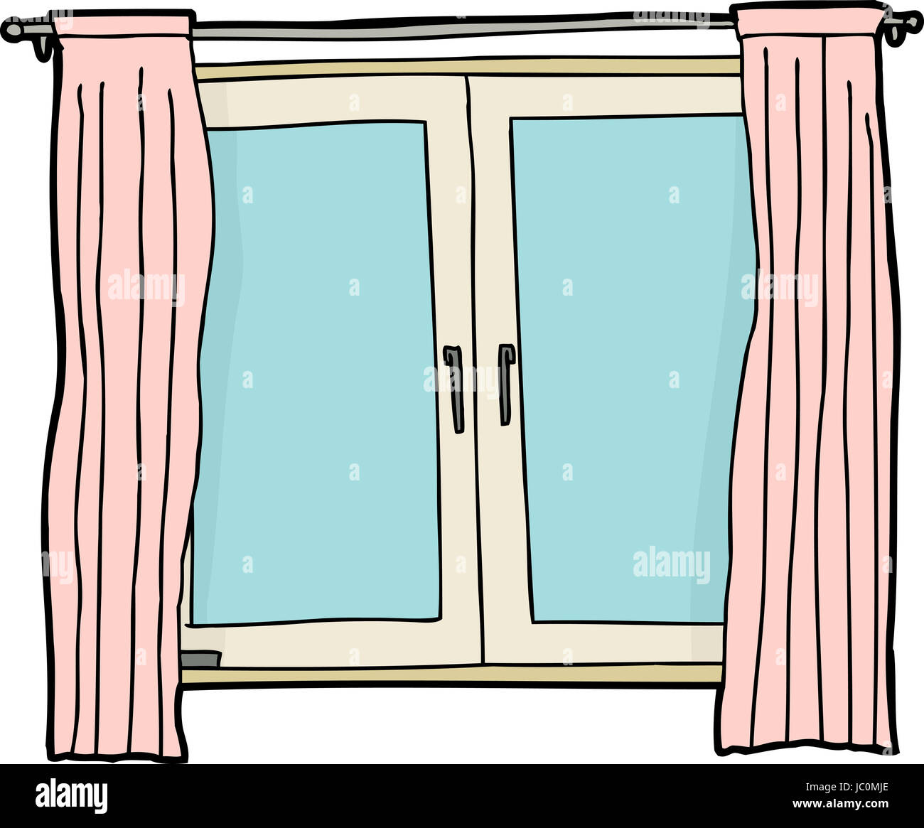 Fenêtre à battant en blanc avec des rideaux rose cartoon Banque D'Images
