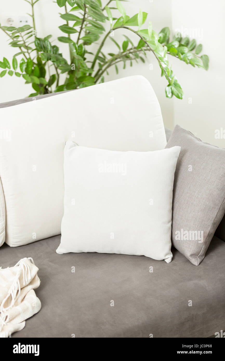 Photo Gros plan d'un coussin décoratif blanc couché sur un canapé gris au  salon Photo Stock - Alamy