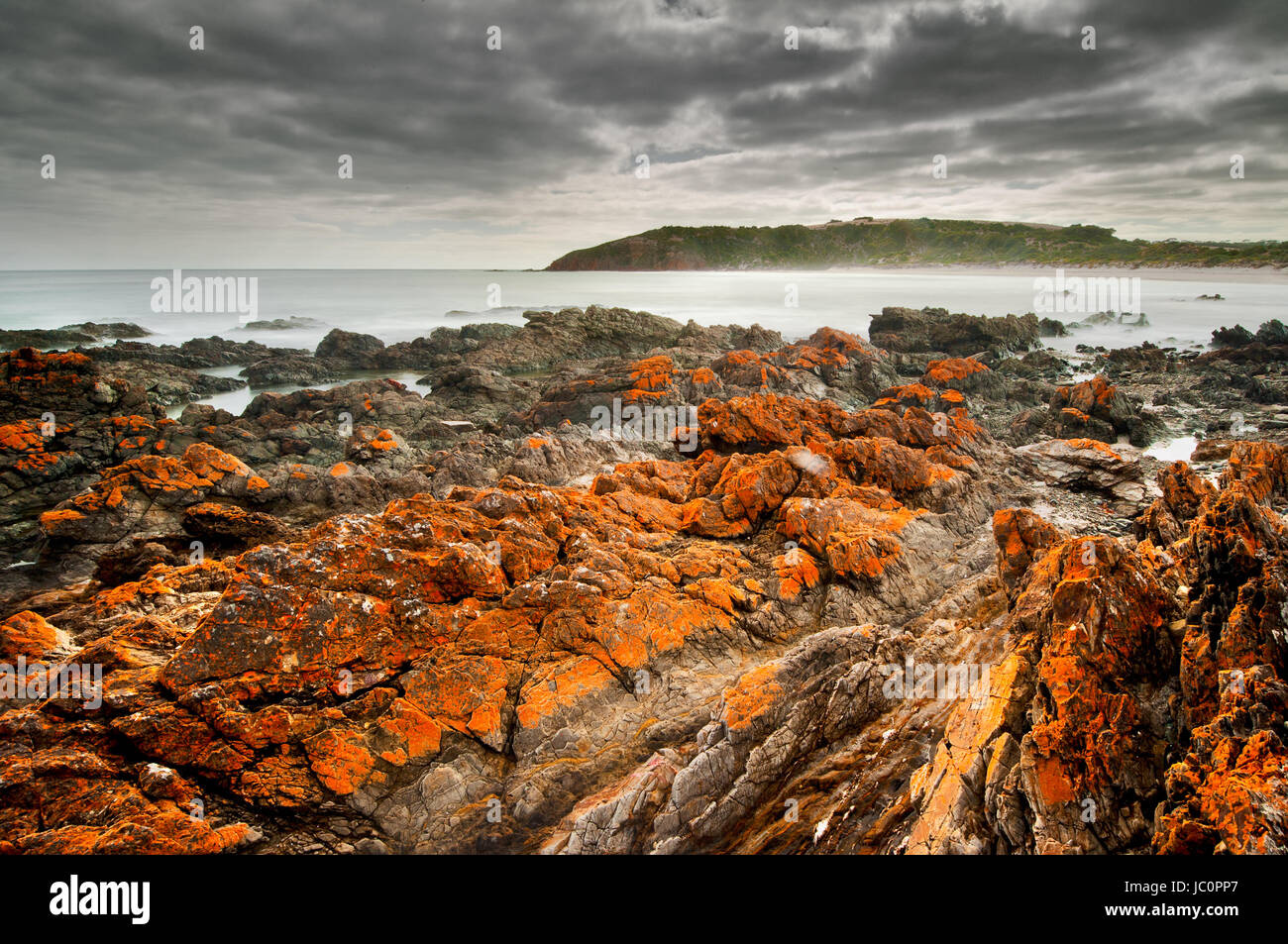 Sombres nuages sur Snellings Beach sur la côte nord-ouest de l'île Kangourou. Banque D'Images