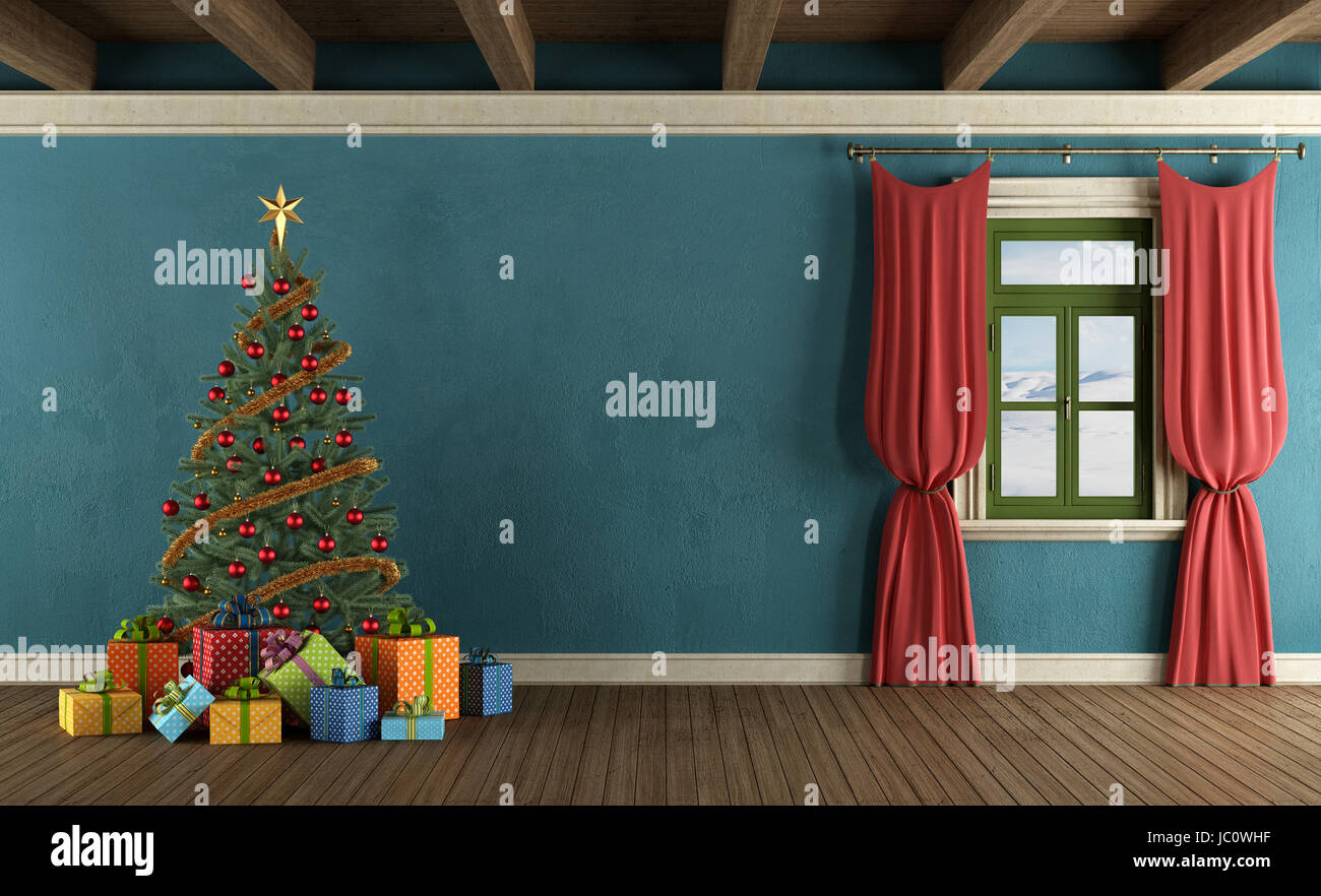 Maison de montagne avec l'arbre de Noël, cadeaux et fenêtre avec des  rideaux rouges - rendering Photo Stock - Alamy