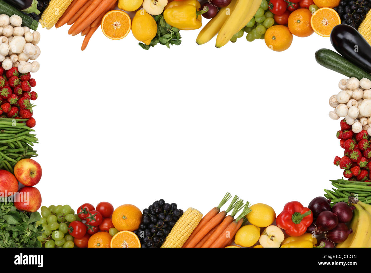 Aus und Früchte, Obst und Gemüse mit Textfreiraum freigestellt Banque D'Images