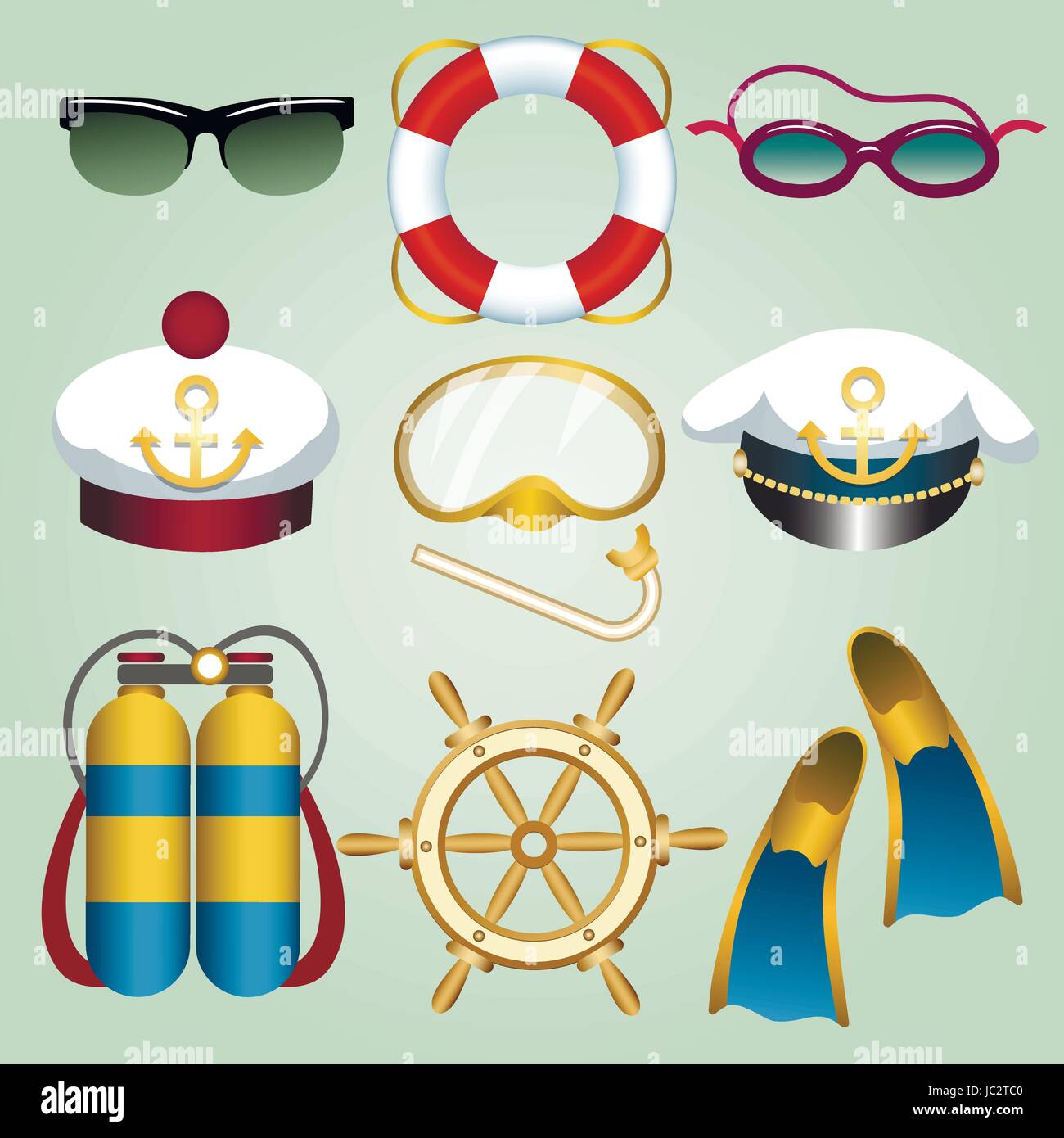 Ensemble de plage d'été tirées dans emblèmes vacances cartoon style. Lunettes de soleil et nager, seamans pac, palmes, bouée, volant, masque de plongée etc. Illustration de Vecteur