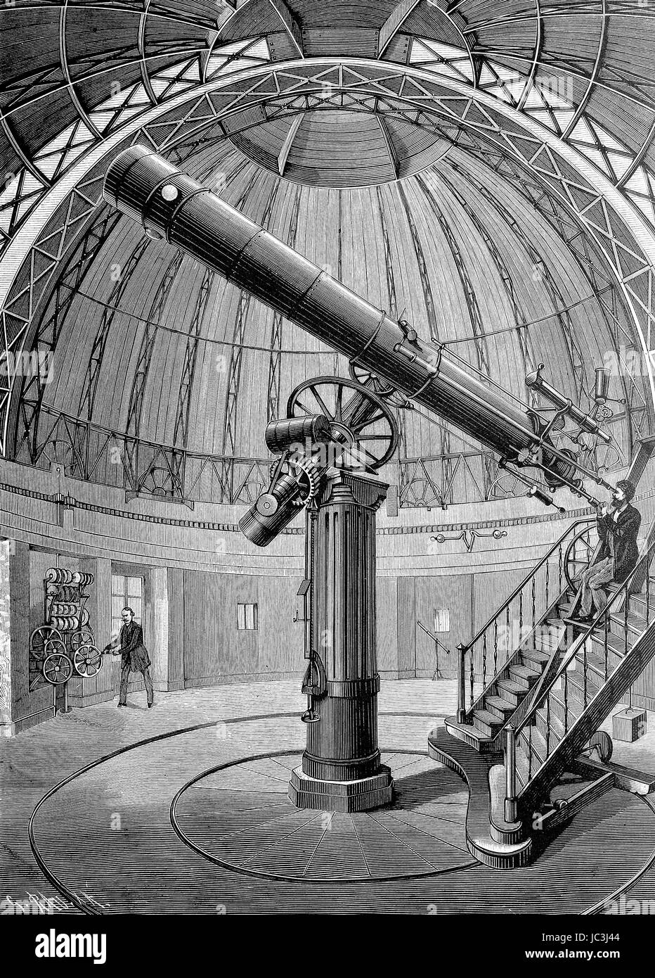 L'observatoire de l'Université de Strasbourg. Intérieur du dôme avec la lunette, Die Sternwarte der Kaiser-Wilhelm-Universitaet à Strasbourg. Inneres der Kuppel mit dem Refraktor numérique, l'amélioration de la reproduction d'une publication de l'année 1880 Banque D'Images