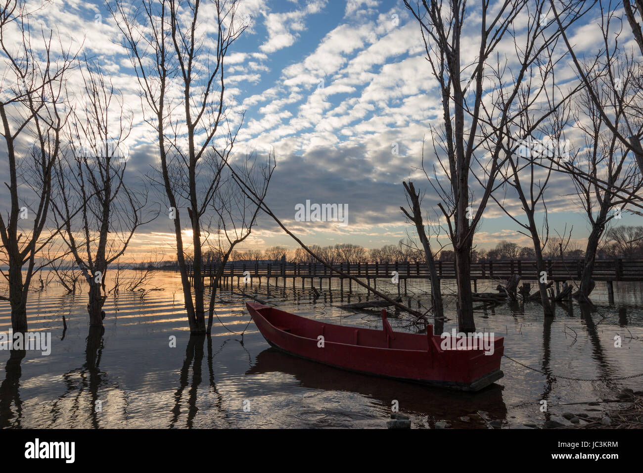 Un petit bateau de pêche dans un lac, avec de beaux arbres et nuages réflexions tout autour de Banque D'Images