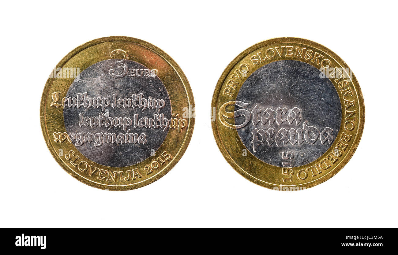 Commémorative bimétallique anniversaire utilisé 3 euro Slovénie médaille 2015. Usé trois spécial pièce en euro de la Slovénie. Banque D'Images
