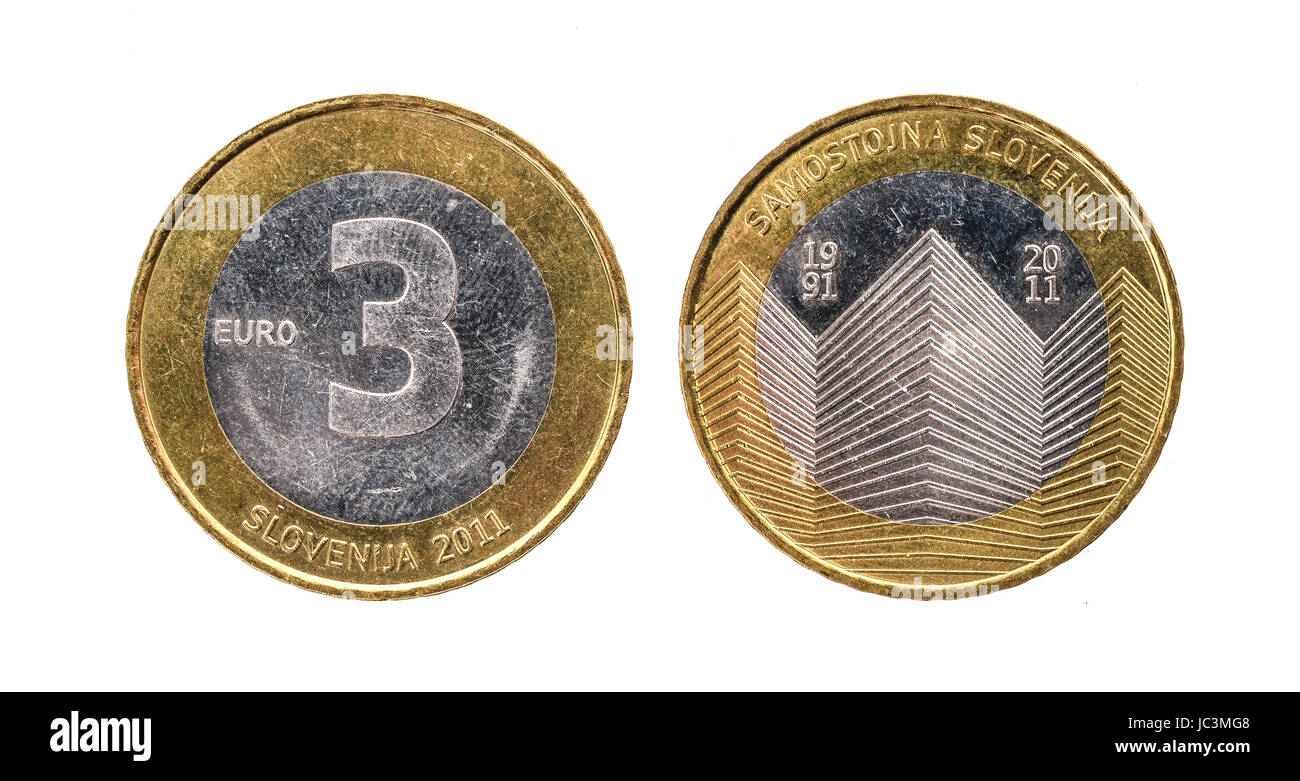 Commémorative bimétallique anniversaire utilisé 3 euro Slovénie médaille 2011. Usé trois spécial pièce en euro de la Slovénie. Banque D'Images
