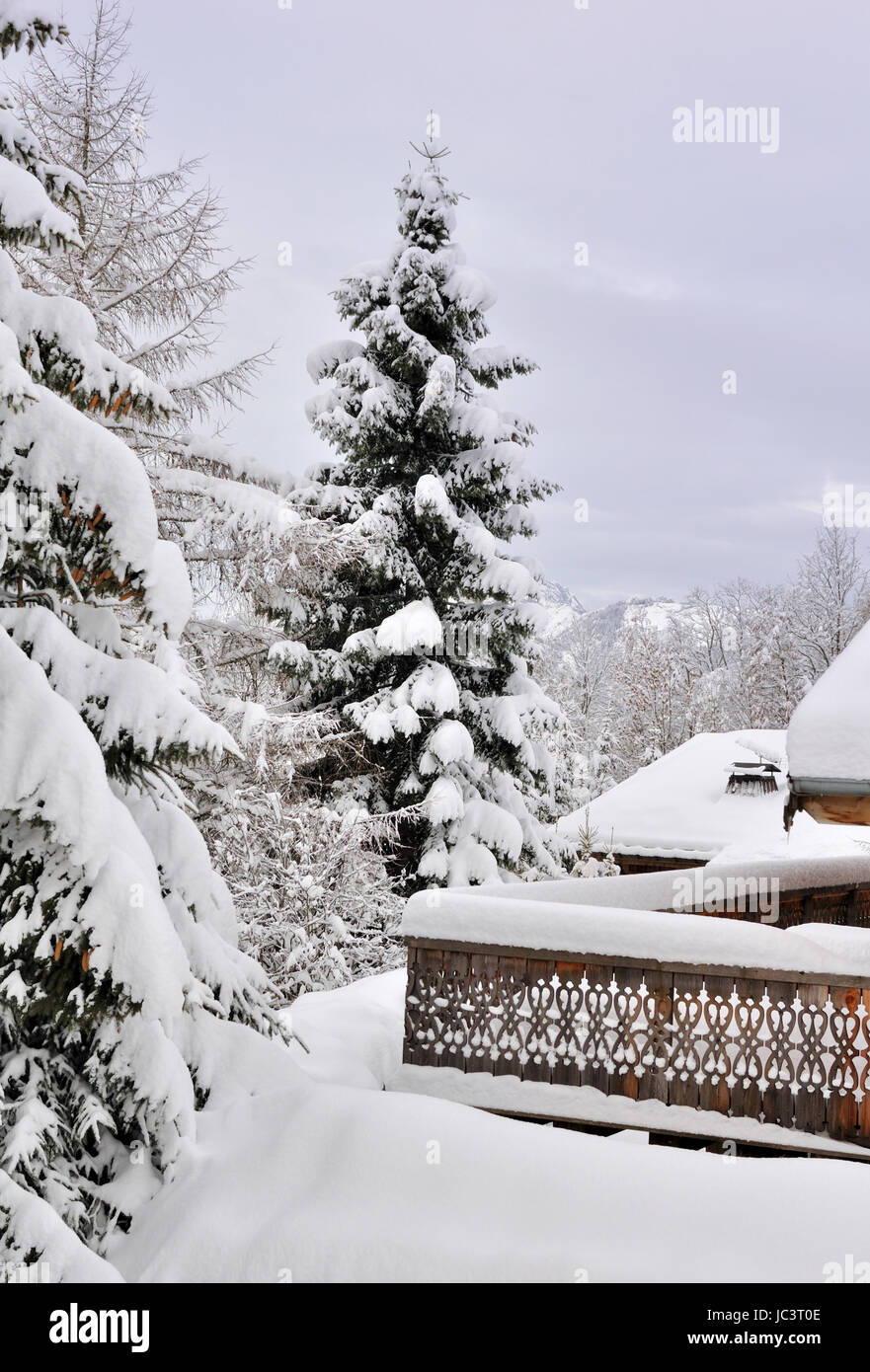 Terrasse en bois de chalet couvert de neige dans un village Banque D'Images