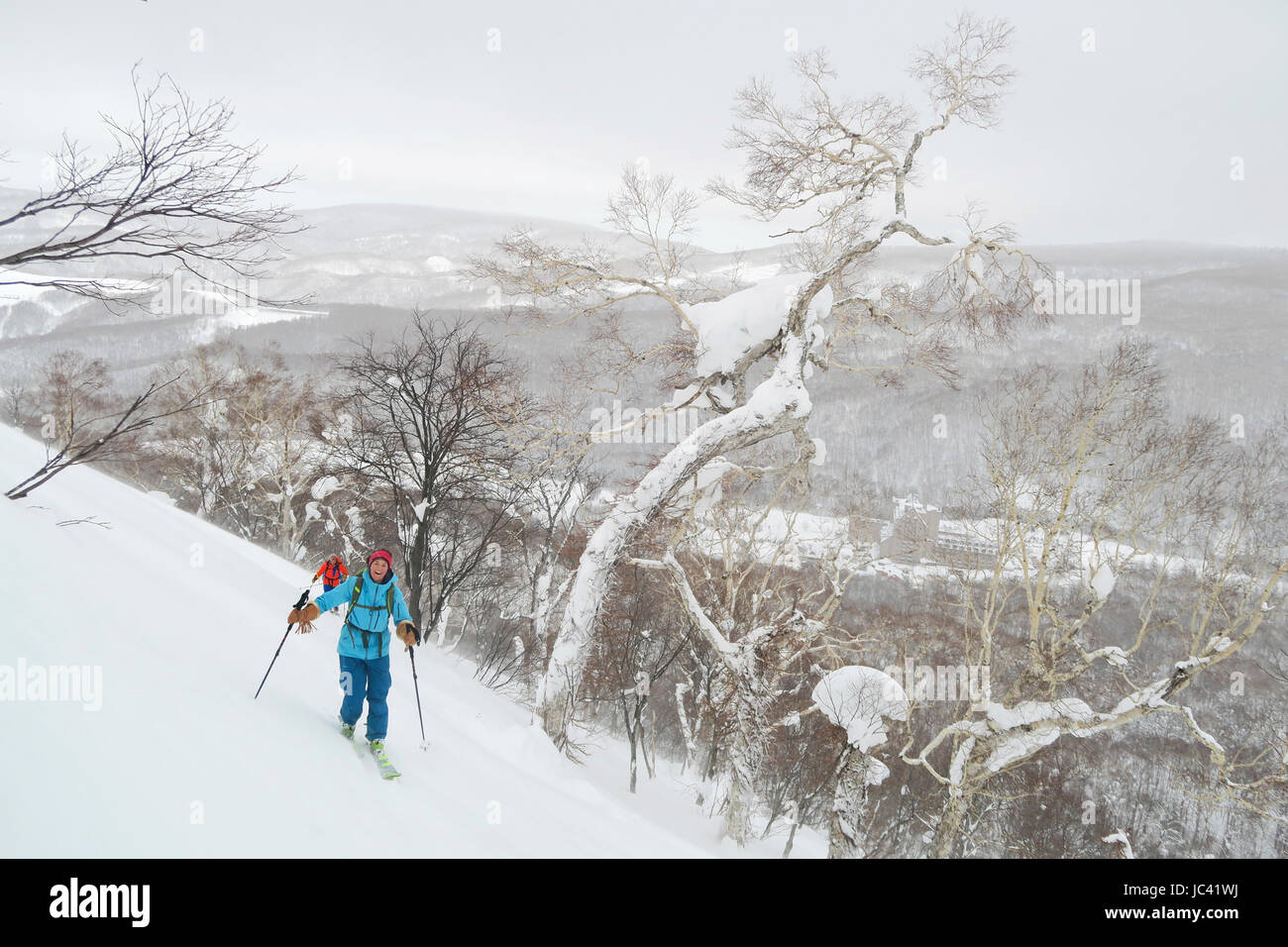 Une femelle skieur est le ski de randonnée dans l'arrière-pays de Kiroro Skiing sur l'île du nord du Japon Hokkaido, célèbre pour l'extrême neige tomber. Le paysage vallonné est parsemé d'arbres couverts de neige. Banque D'Images