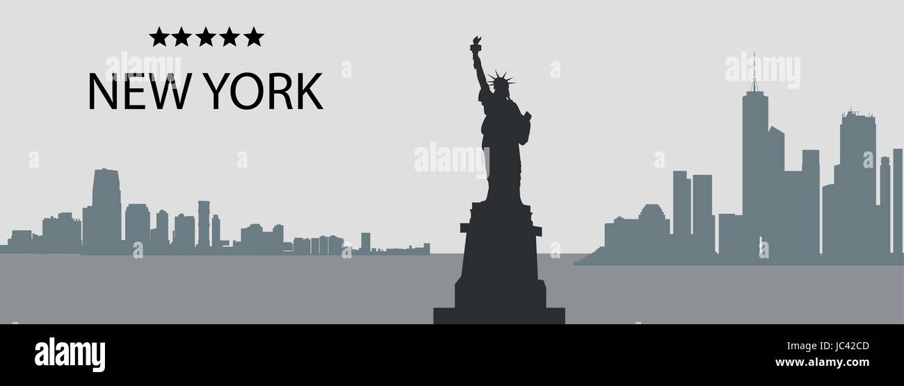 Silhouettes de New York City, USA, des gratte-ciel et Statue de la liberté de panorama vecteur en gris et noir Illustration de Vecteur