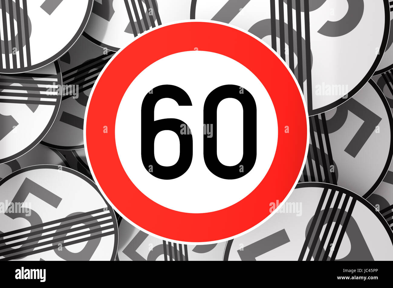 Illustration 3d'atteindre le 60e anniversaire de l'illustre avec panneaux de circulation Banque D'Images