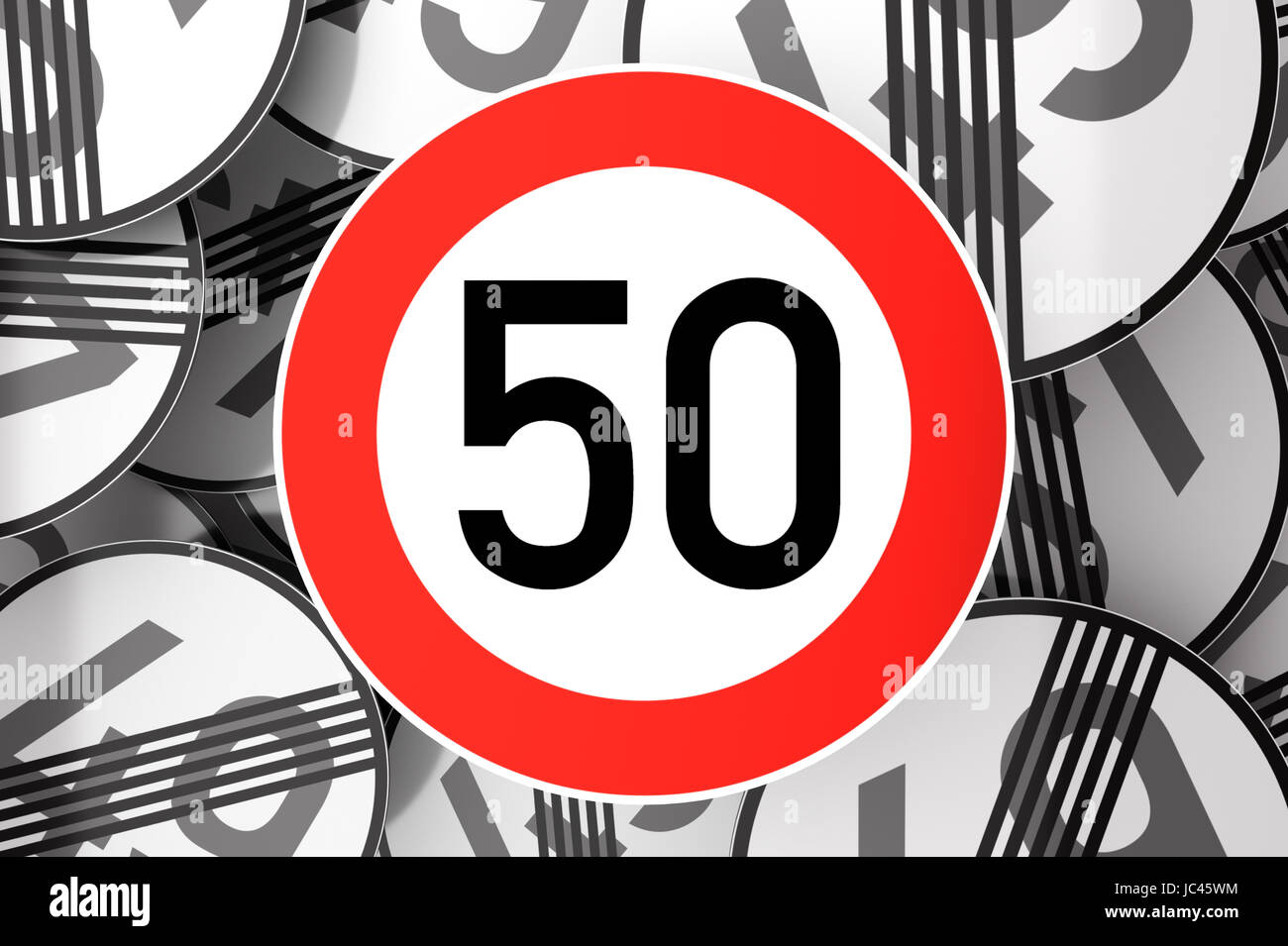 Illustration 3d'atteindre le 50e anniversaire de l'illustre avec panneaux de circulation Banque D'Images