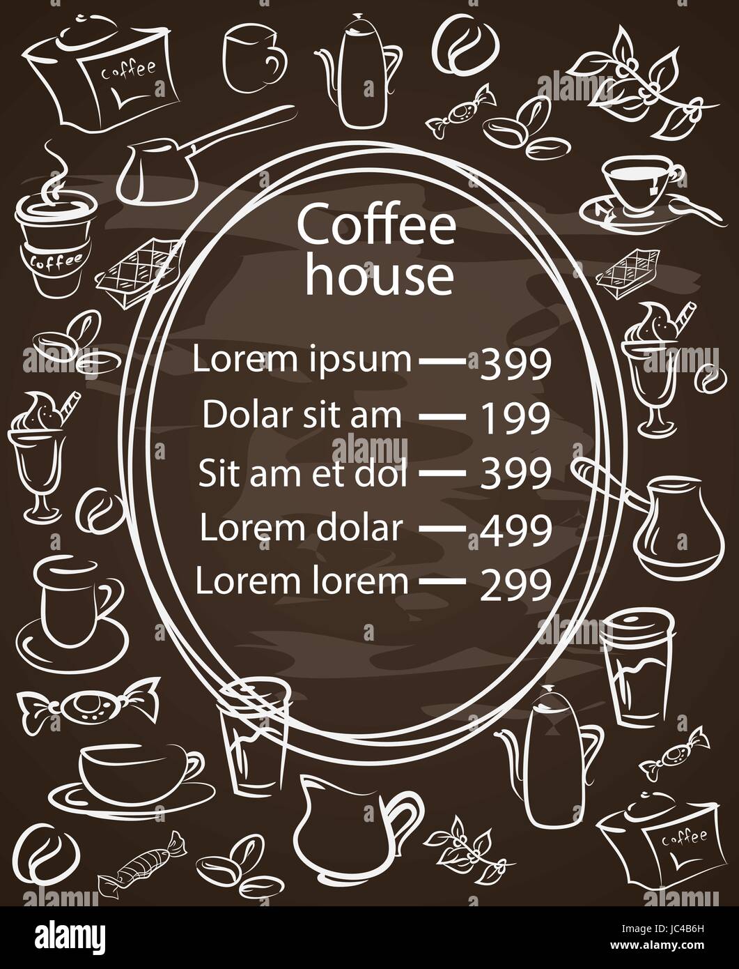 Maison du Café menu tableau avec un cadre ovale centrale Illustration de Vecteur