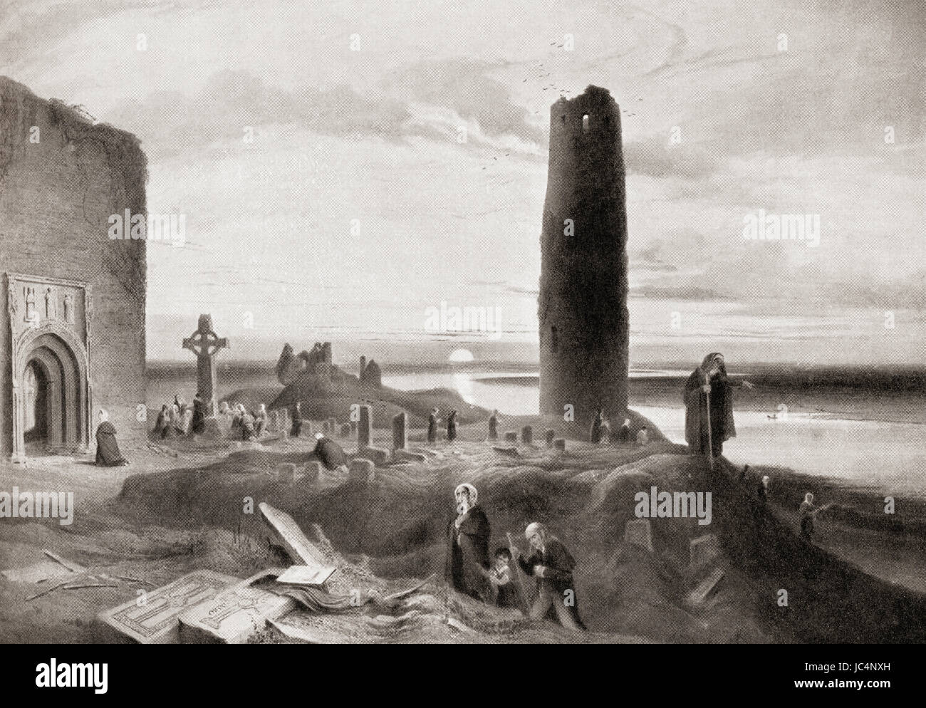 Les pèlerins au monastère de Clonmacnoise, County Offaly, de l'Irlande sur la rivière Shannon. L'histoire de Hutchinson de l'ONU, publié en 1915. Banque D'Images